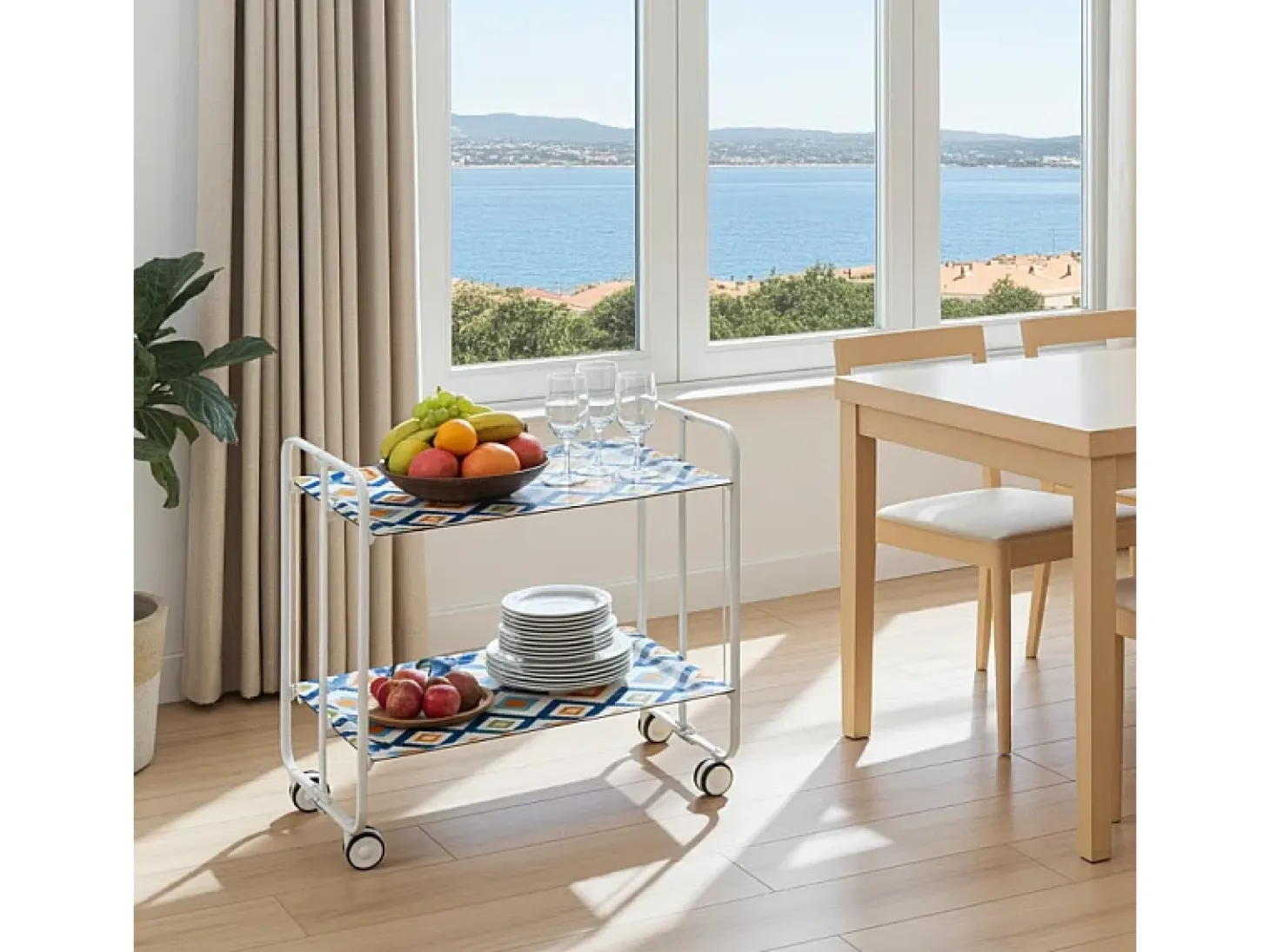 Carrito auxiliar plegable con ruedas - Estructura metálica blanca, 2 estantes laminados Decorado Vintage6 – 72*66*43 cm - BAUHAUS