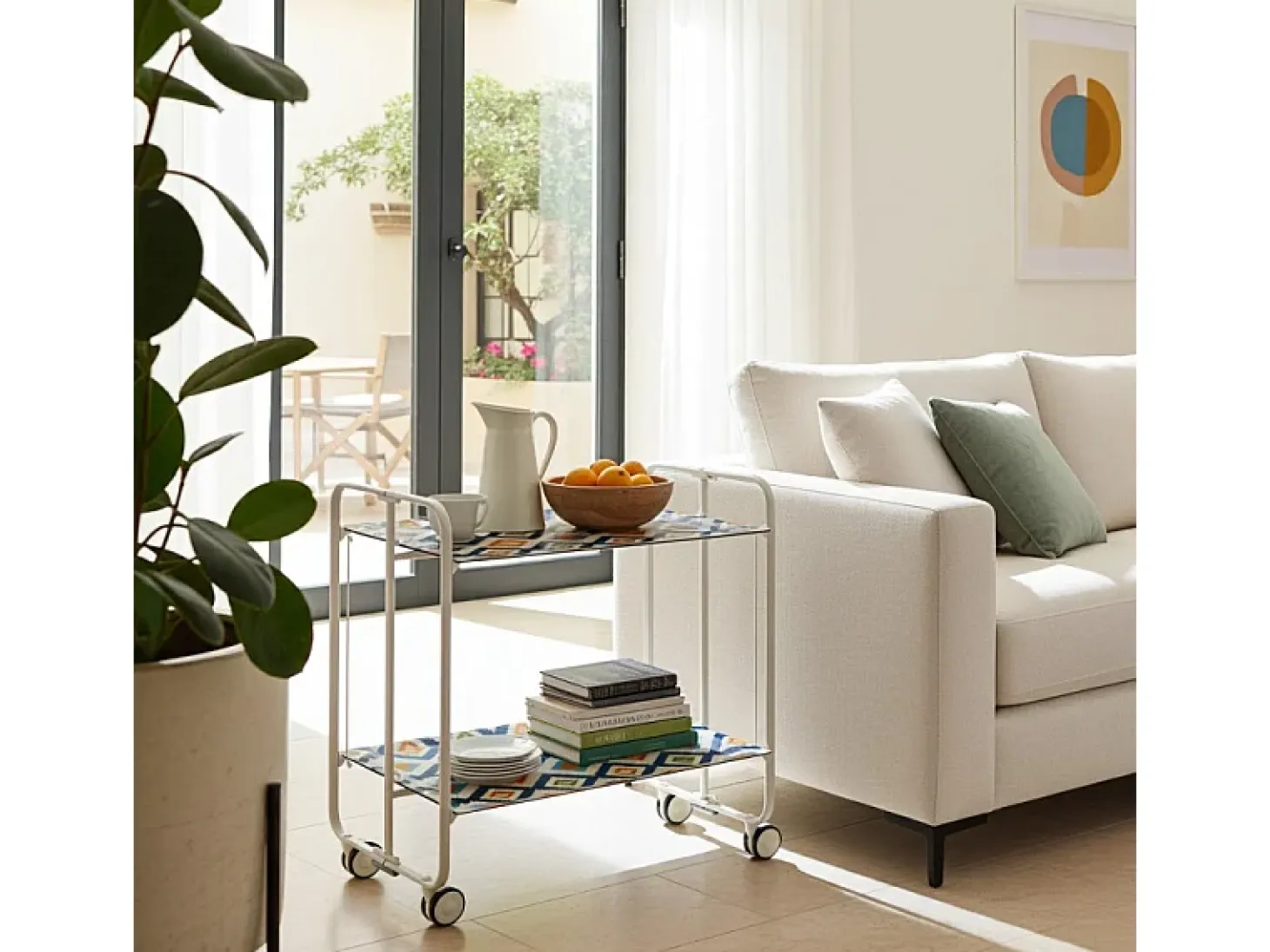 Carrito auxiliar plegable con ruedas - Estructura metálica blanca, 2 estantes laminados Decorado Vintage6 – 72*66*43 cm - BAUHAUS