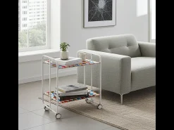 Carrito auxiliar plegable con ruedas - Estructura metálica blanca, 2 estantes laminados Decorado Círculos multicolor – 72*66*43 cm - BAUHAUS