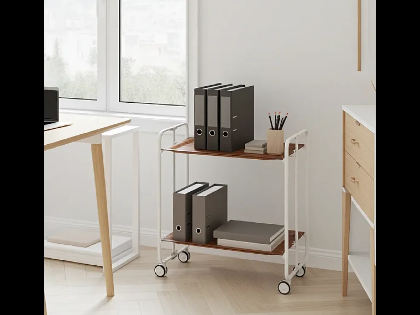 Carrito auxiliar plegable con ruedas - Estructura metálica blanca, 2 estantes laminados color Cedro – 72*66*43 cm - BAUHAUS