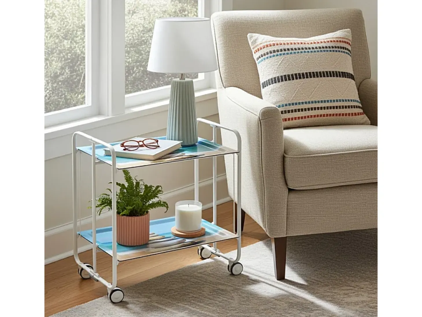 Carrito auxiliar plegable con ruedas - Estructura metálica blanca, 2 estantes laminados Decorado Playa – 72*66*43 cm - BAUHAUS