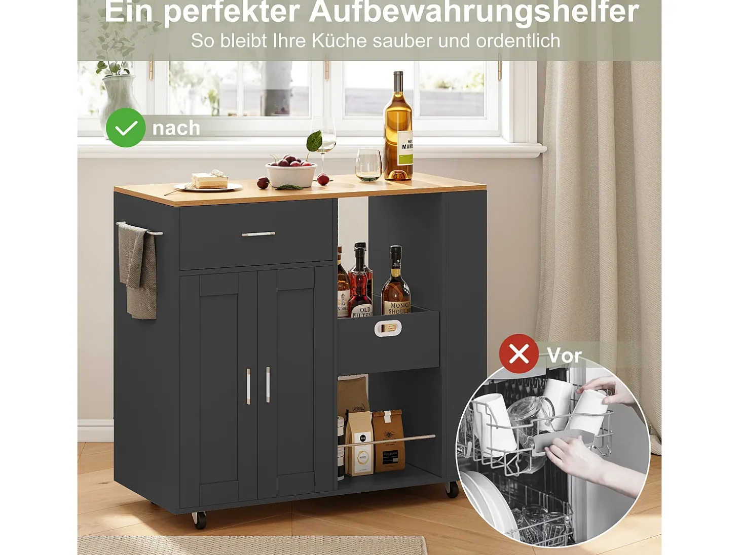 Carrito con ruedas para almacenamiento de cocina, especiero de 3 niveles, estante abierto, color negro