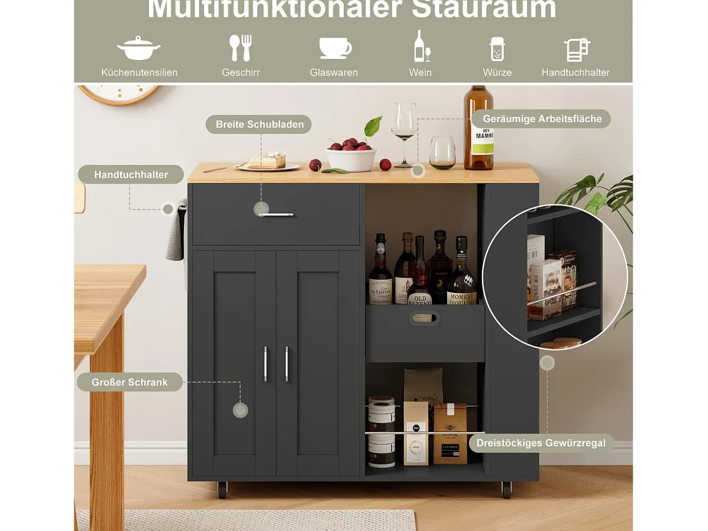 Carrito con ruedas para almacenamiento de cocina, especiero de 3 niveles, estante abierto, color negro