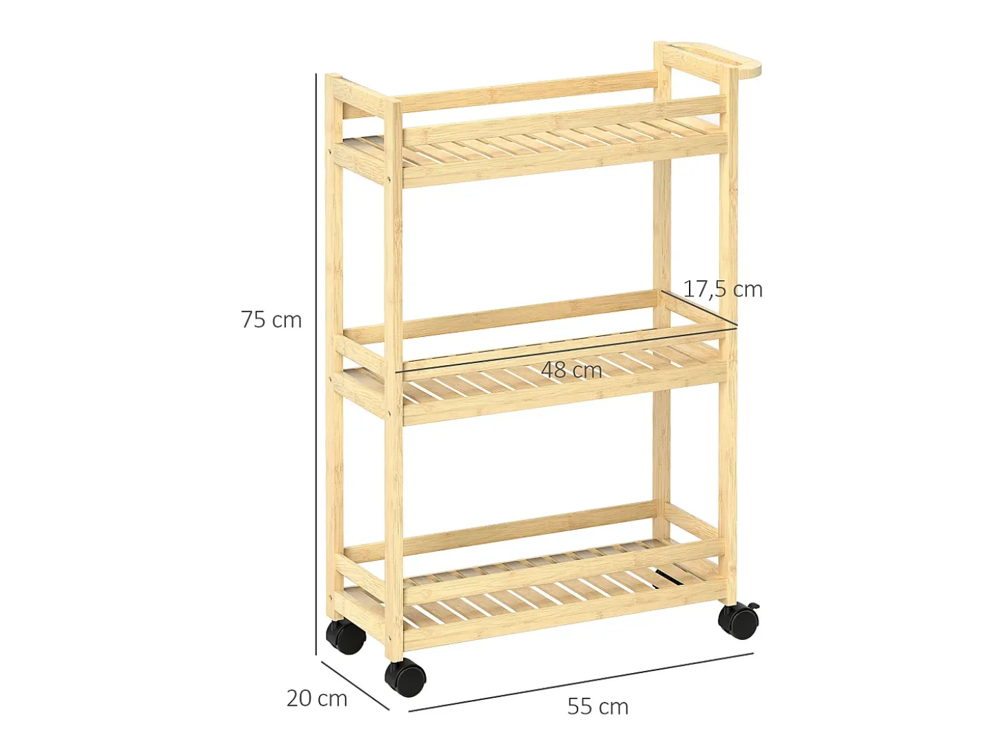 Carrito de almacenaje de bambú de 3 niveles con ruedas y asas, color natural (55 x 20 x 75 cm)