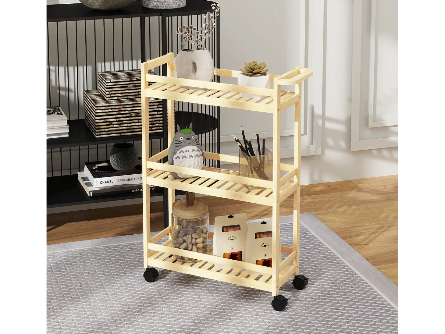Carrito de almacenaje de bambú de 3 niveles con ruedas y asas, color natural (55 x 20 x 75 cm)
