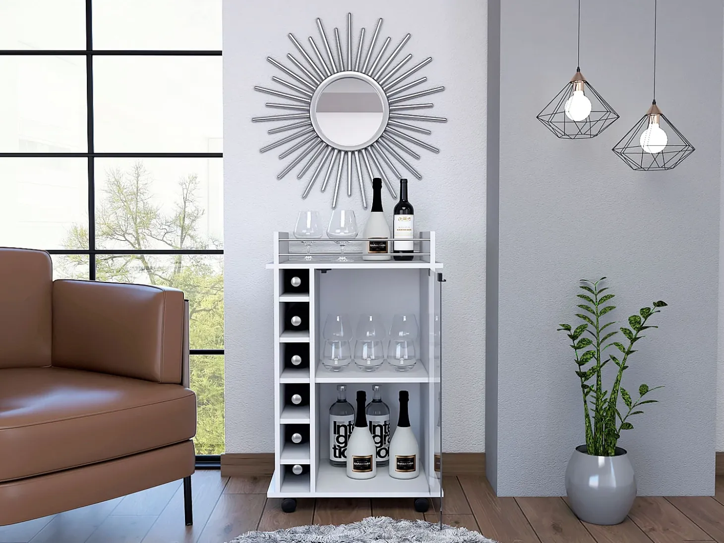 Carrito de Bar Dukat en melamina con 6 botelleros , 3 estantes y 4 ruedas , blanco , 89 cm X 55 cm X 41.5 cm