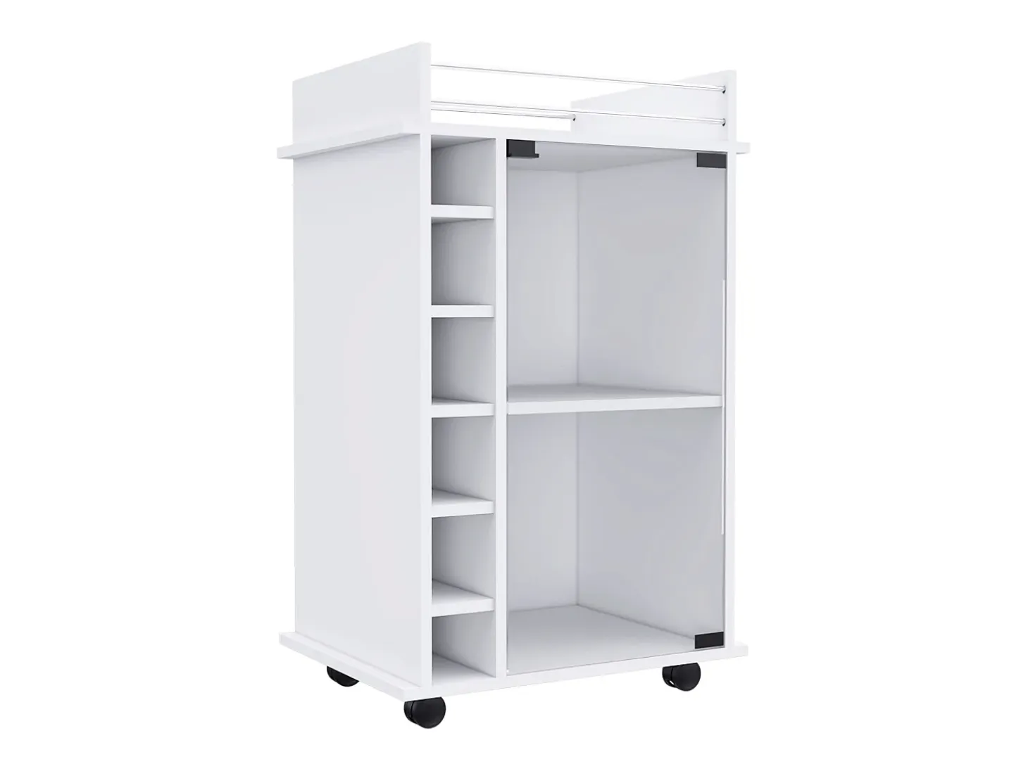 Carrito de Bar Dukat en melamina con 6 botelleros , 3 estantes y 4 ruedas , blanco , 89 cm X 55 cm X 41.5 cm