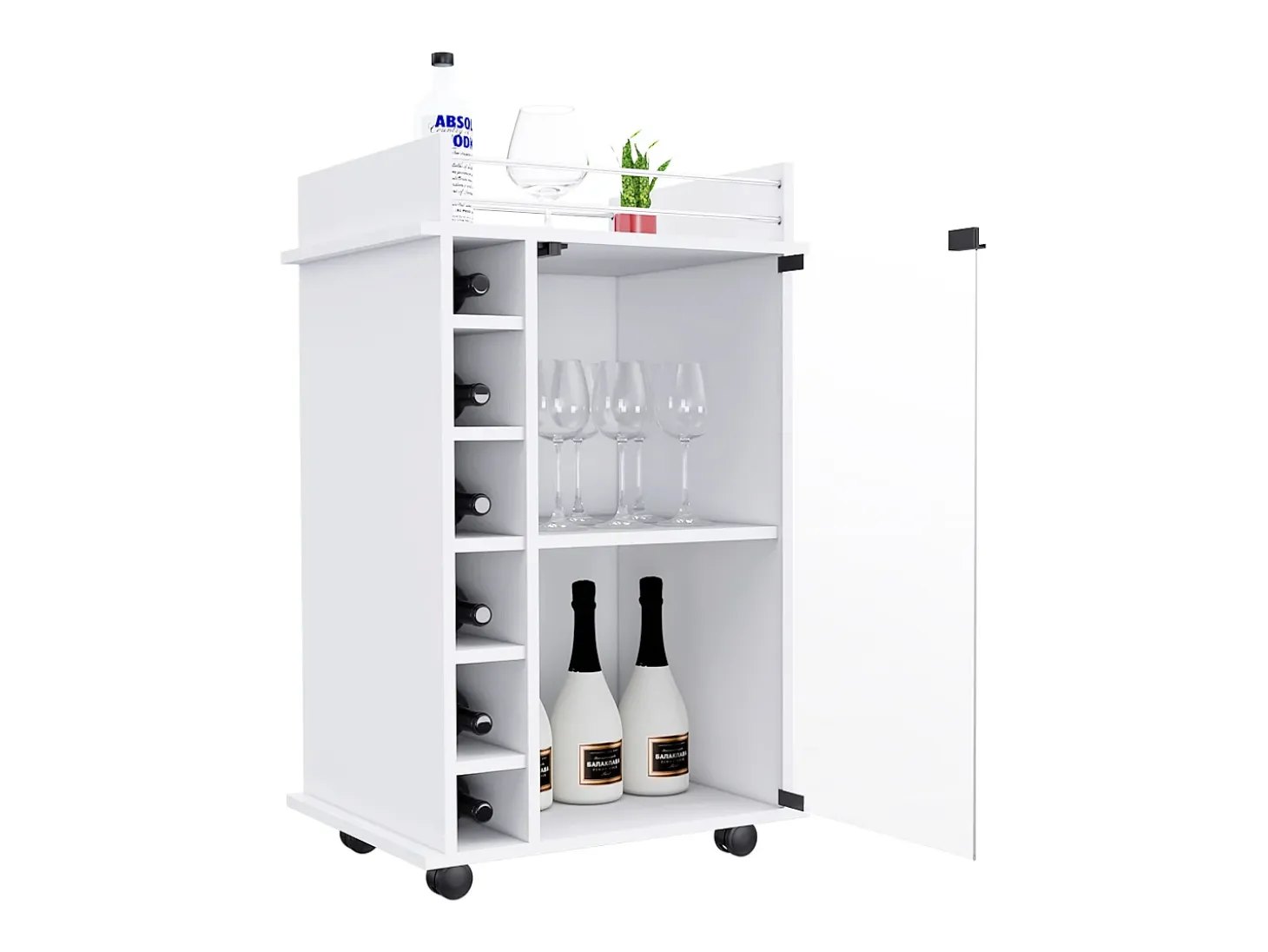 Carrito de Bar Dukat en melamina con 6 botelleros , 3 estantes y 4 ruedas , blanco , 89 cm X 55 cm X 41.5 cm