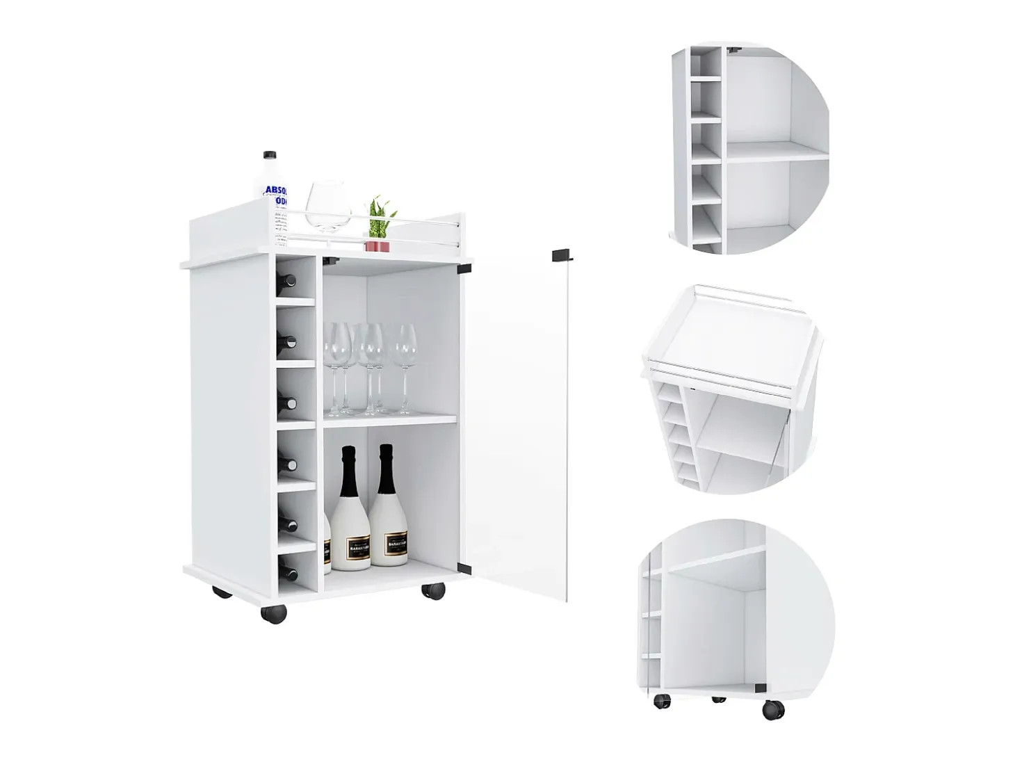 Carrito de Bar Dukat en melamina con 6 botelleros , 3 estantes y 4 ruedas , blanco , 89 cm X 55 cm X 41.5 cm