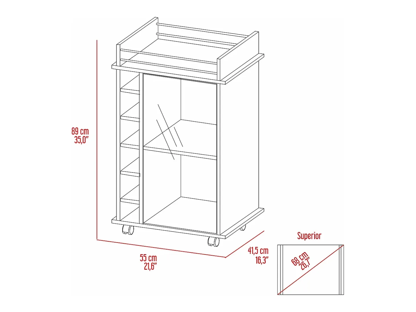 Carrito de Bar Dukat en melamina con 6 botelleros , 3 estantes y 4 ruedas , blanco , 89 cm X 55 cm X 41.5 cm