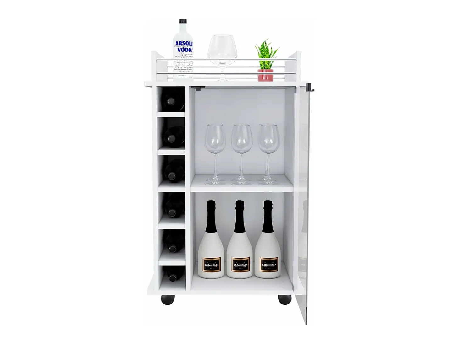 Carrito de Bar Dukat en melamina con 6 botelleros , 3 estantes y 4 ruedas , blanco , 89 cm X 55 cm X 41.5 cm