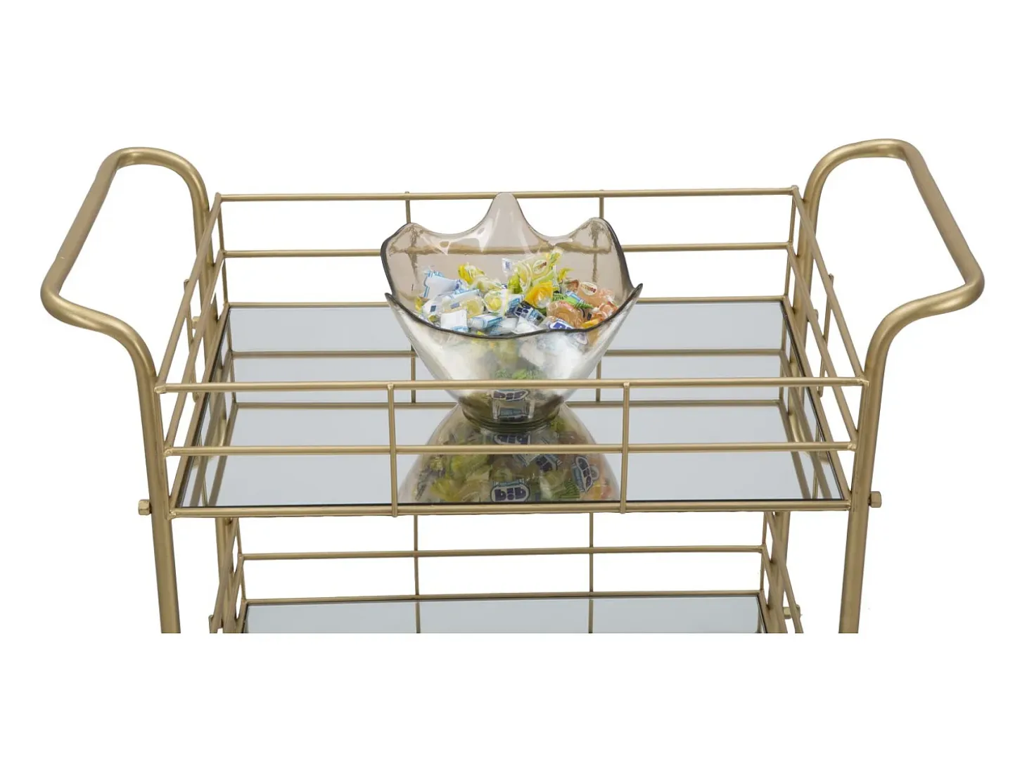 Carrito de bar rectangular dorado con estantes de vidrio espejado Glammy