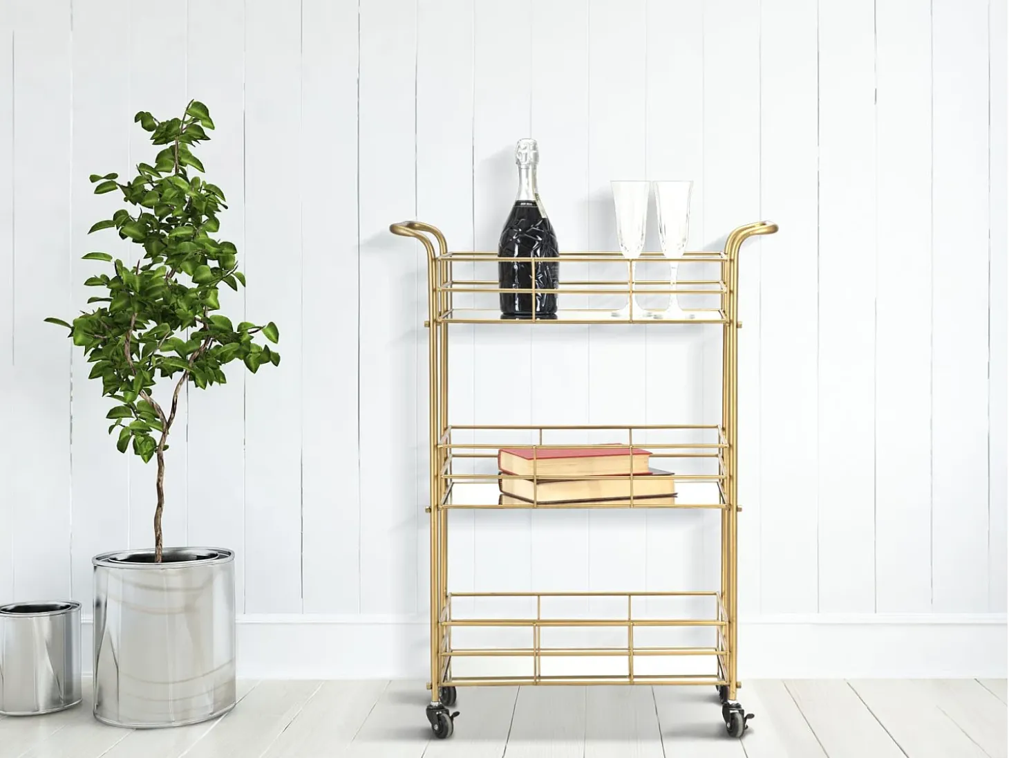 Carrito de bar rectangular dorado con estantes de vidrio espejado Glammy