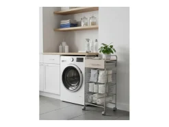Carrito de cocina ALESIA – 3 cestas, 1 cajón y encimera color haya en acabado gris aluminio
