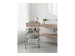 Carrito de cocina ALESIA – 3 cestas, 1 cajón y encimera color haya en acabado gris aluminio