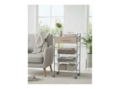 Carrito de cocina ALESIA – 3 cestas, 1 cajón y encimera color haya en acabado gris aluminio