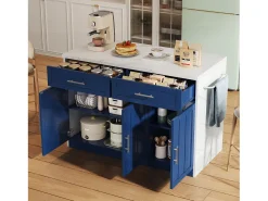Carrito de cocina azul - Isla de cocina con 2 cajones y 3 puertas - toallero y cable de alimentación de 1,5 m