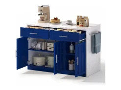 Carrito de cocina azul - Isla de cocina con 2 cajones y 3 puertas - toallero y cable de alimentación de 1,5 m