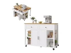 Carrito de cocina blanco con ruedas, nichos, 2 puertas y 2 cajones, tapa color natural