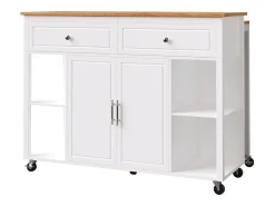 Carrito de cocina blanco con ruedas, nichos, 2 puertas y 2 cajones, tapa color natural