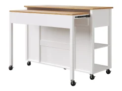 Carrito de cocina blanco con ruedas, nichos, 2 puertas y 2 cajones, tapa color natural