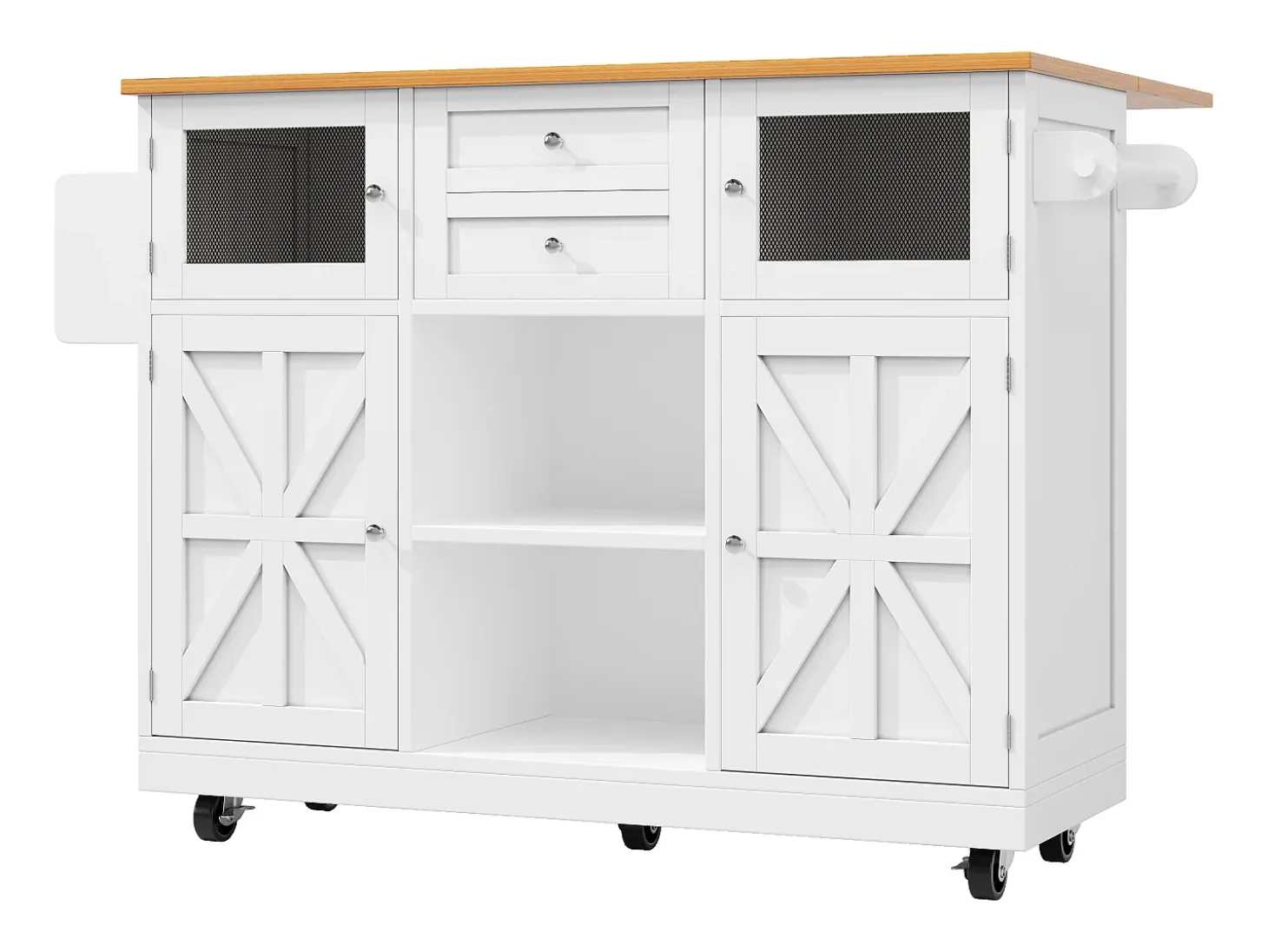 Carrito de cocina blanco con encimera de madera, toallero y estantes ajustables