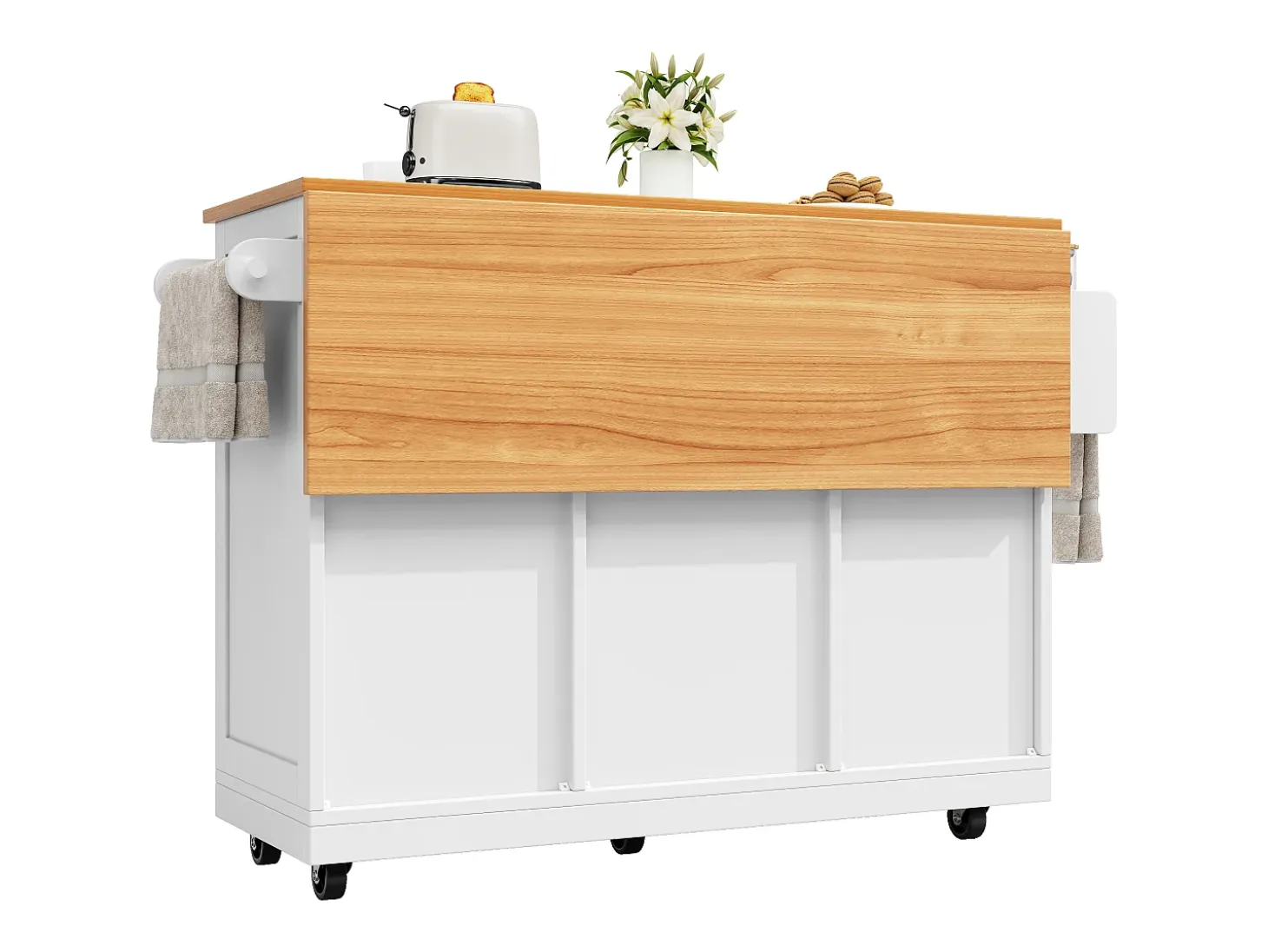 Carrito de cocina blanco con encimera de madera, toallero y estantes ajustables