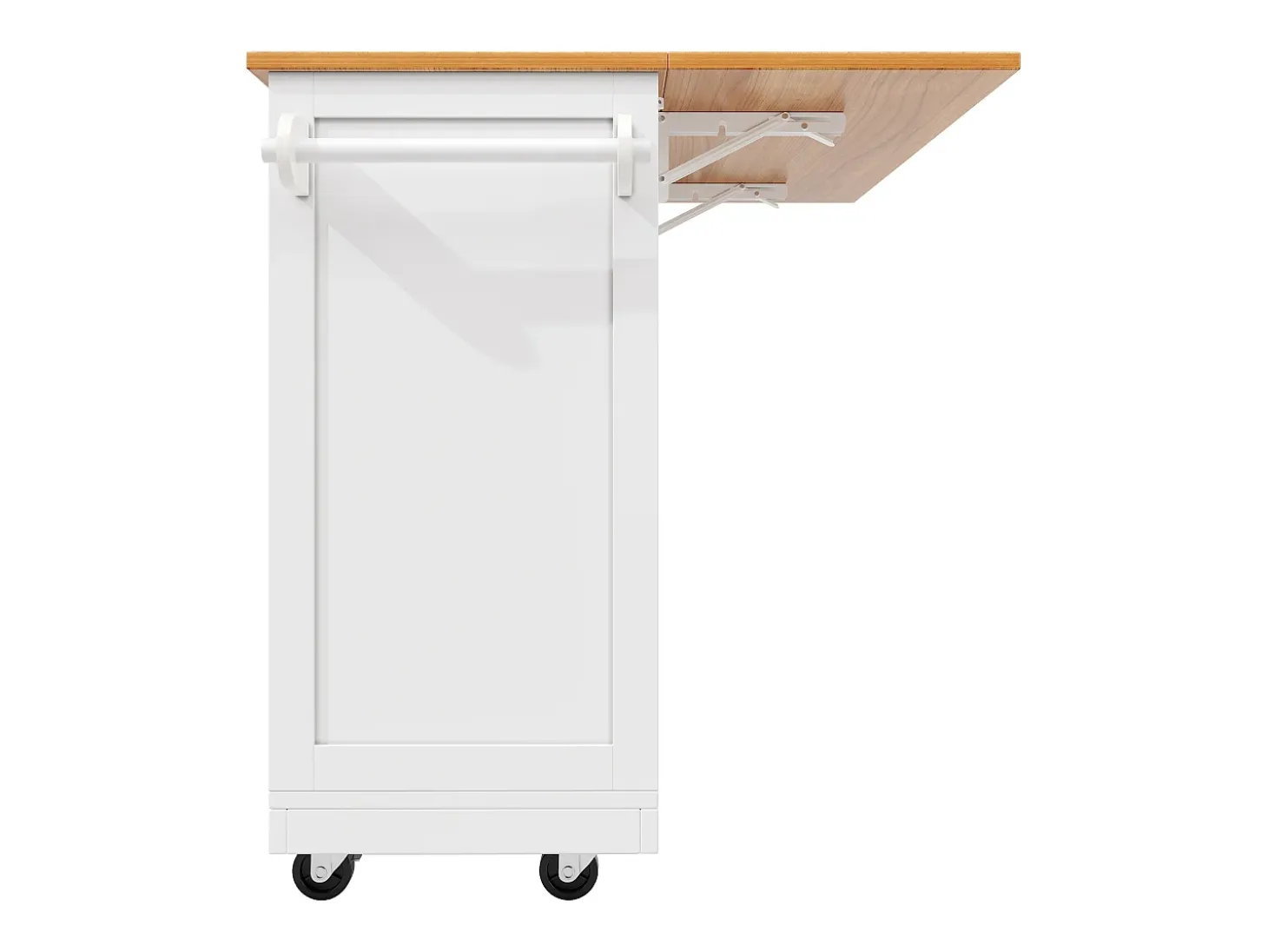 Carrito de cocina blanco con encimera de madera, toallero y estantes ajustables