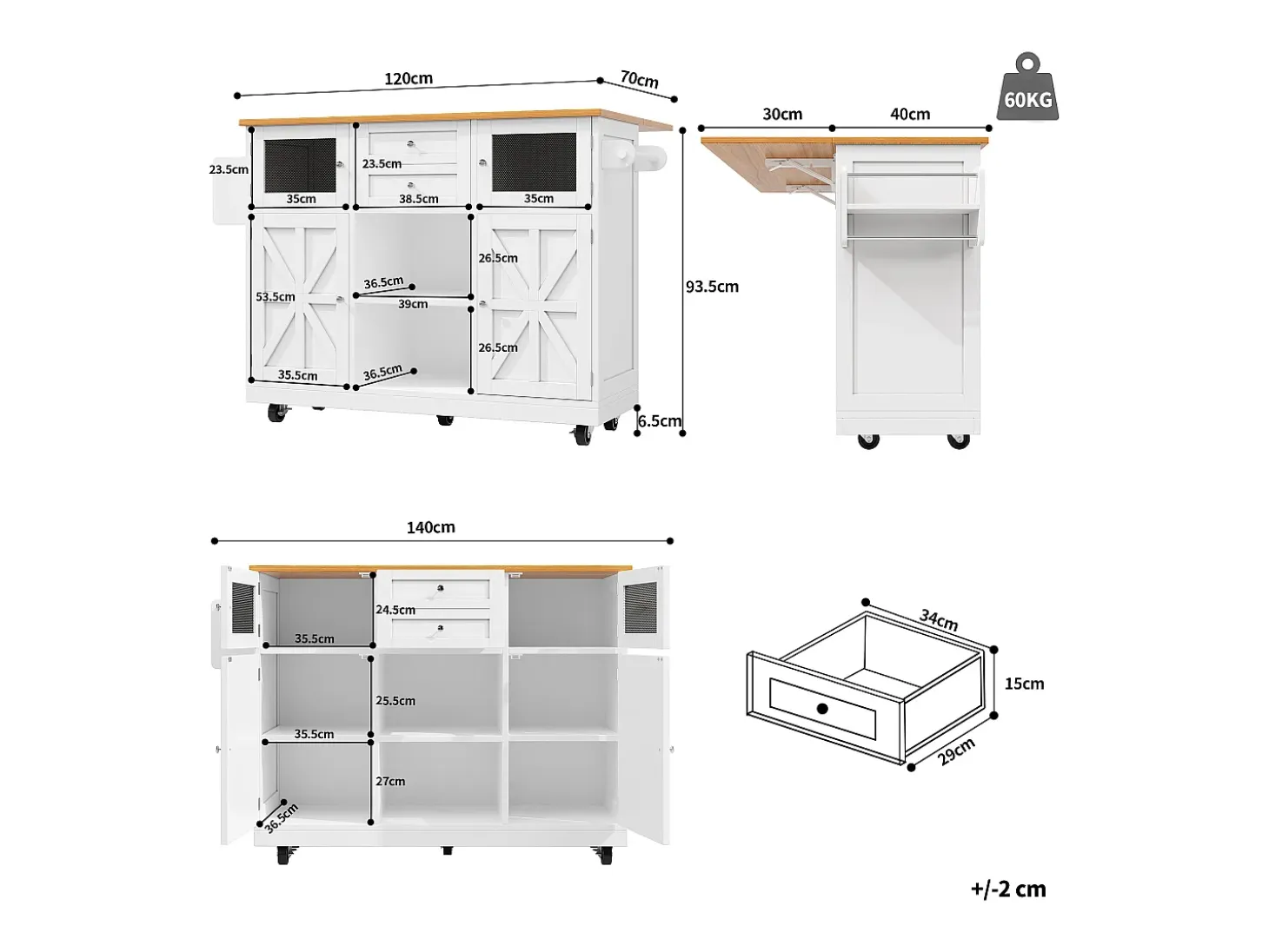 Carrito de cocina blanco con encimera de madera, toallero y estantes ajustables