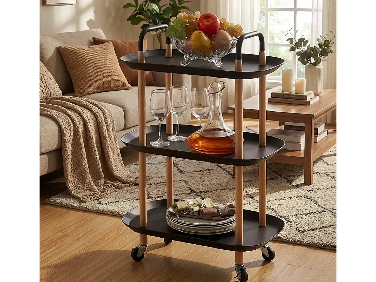 Carrito de cocina camarera de diseño con ruedas y 3 estantes Wala Plus - Negro