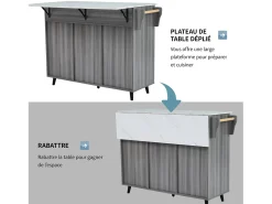 Carrito de cocina, Carrito de mesa 129x76x91,5cm, tapa abatible, estantes interiores, isla de cocina, blanco + gris caqui
