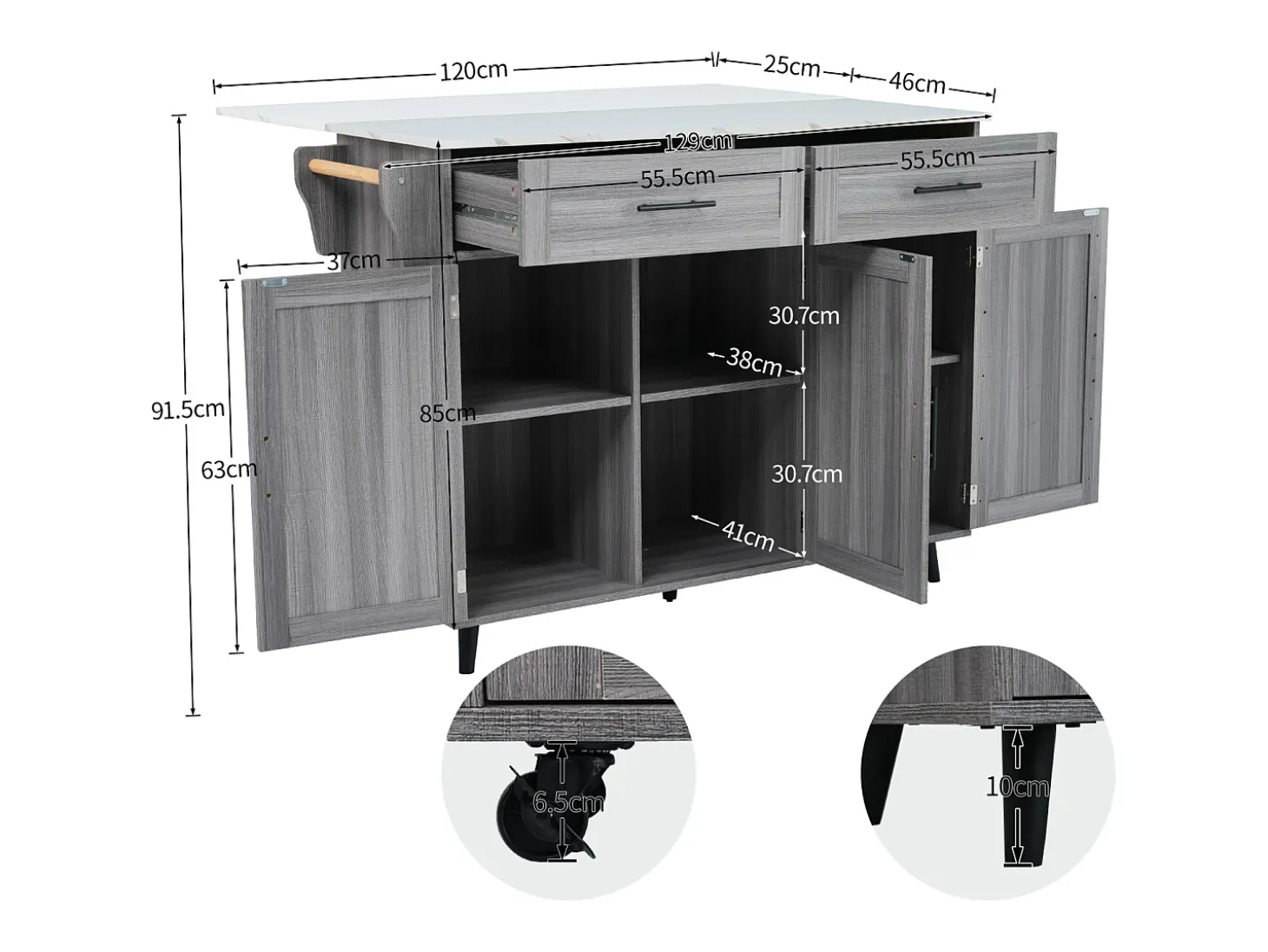 Carrito de cocina, Carrito de mesa 129x76x91,5cm, tapa abatible, estantes interiores, isla de cocina, blanco + gris caqui