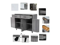Carrito de cocina, Carrito de mesa 129x76x91,5cm, tapa abatible, estantes interiores, isla de cocina, blanco + gris caqui