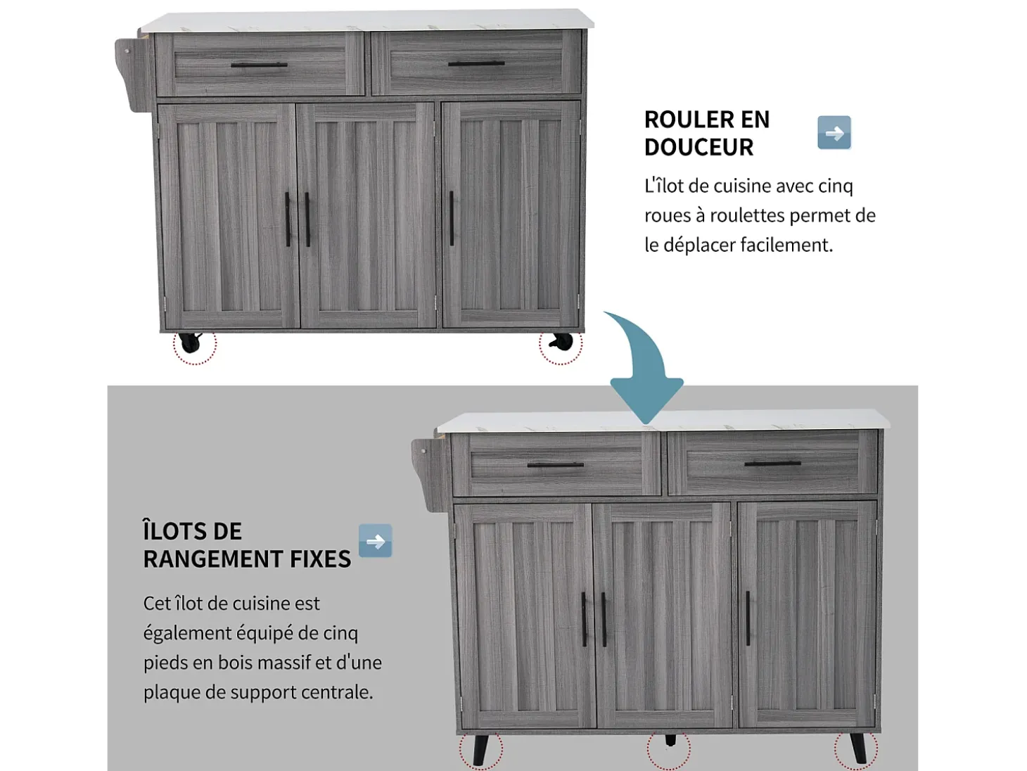 Carrito de cocina, Carrito de mesa 129x76x91,5cm, tapa abatible, estantes interiores, isla de cocina, blanco + gris caqui