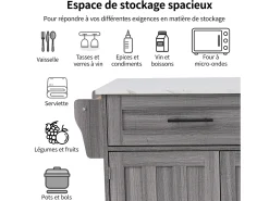Carrito de cocina, Carrito de mesa 129x76x91,5cm, tapa abatible, estantes interiores, isla de cocina, blanco + gris caqui