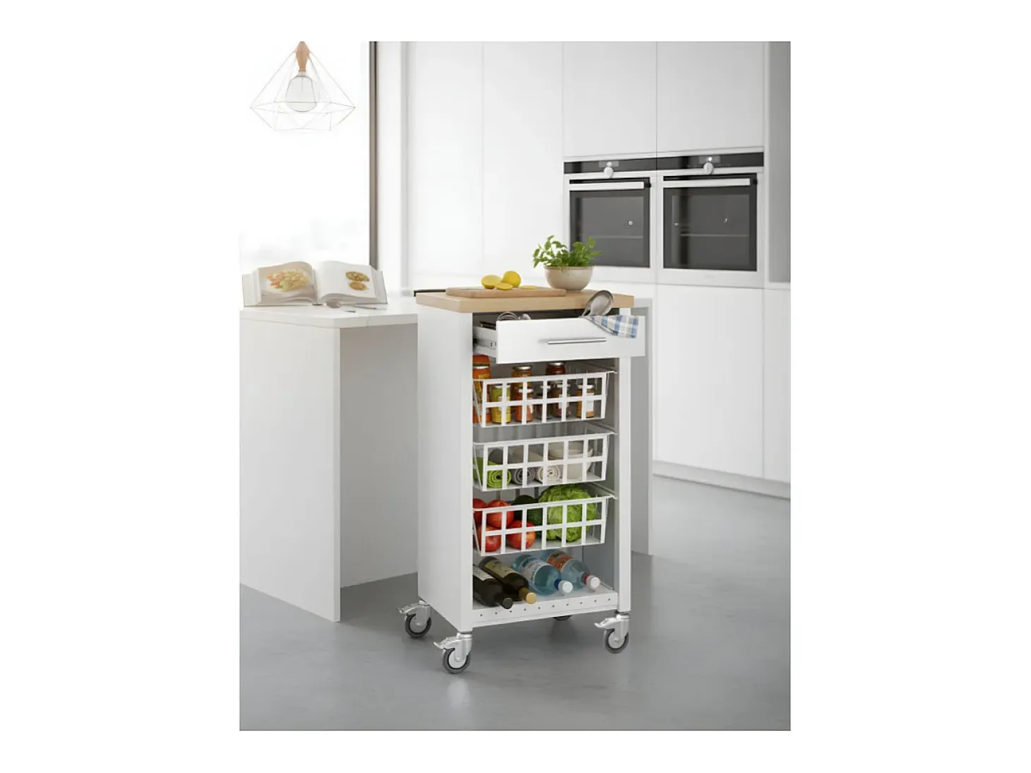 Carrito de cocina, carrito verdulero - color Blanco, Inox, Olmo - 93*48*34 cm - KARA