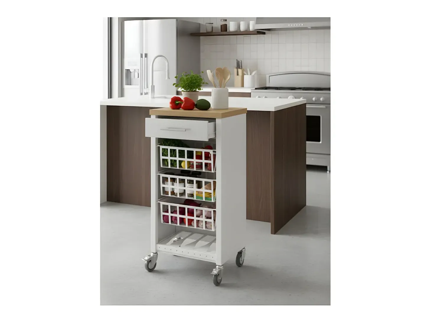 Carrito de cocina, carrito verdulero - color Blanco, Inox, Olmo - 93*48*34 cm - KARA