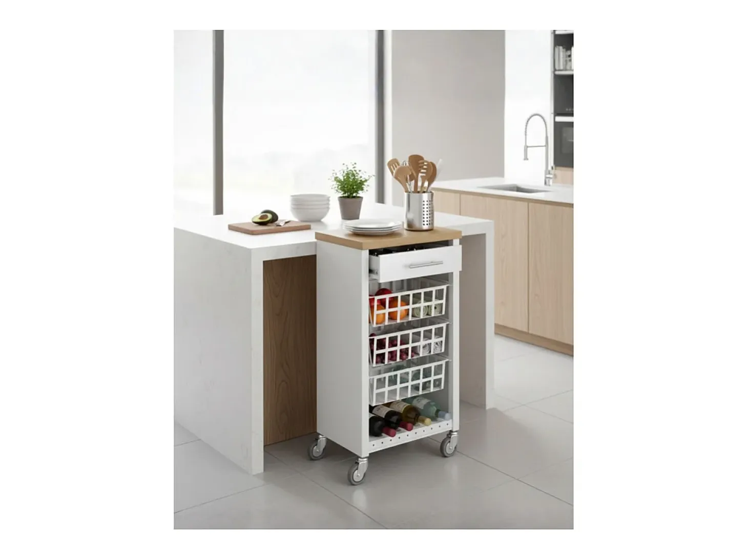 Carrito de cocina, carrito verdulero - color Blanco, Inox, Olmo - 93*48*34 cm - KARA