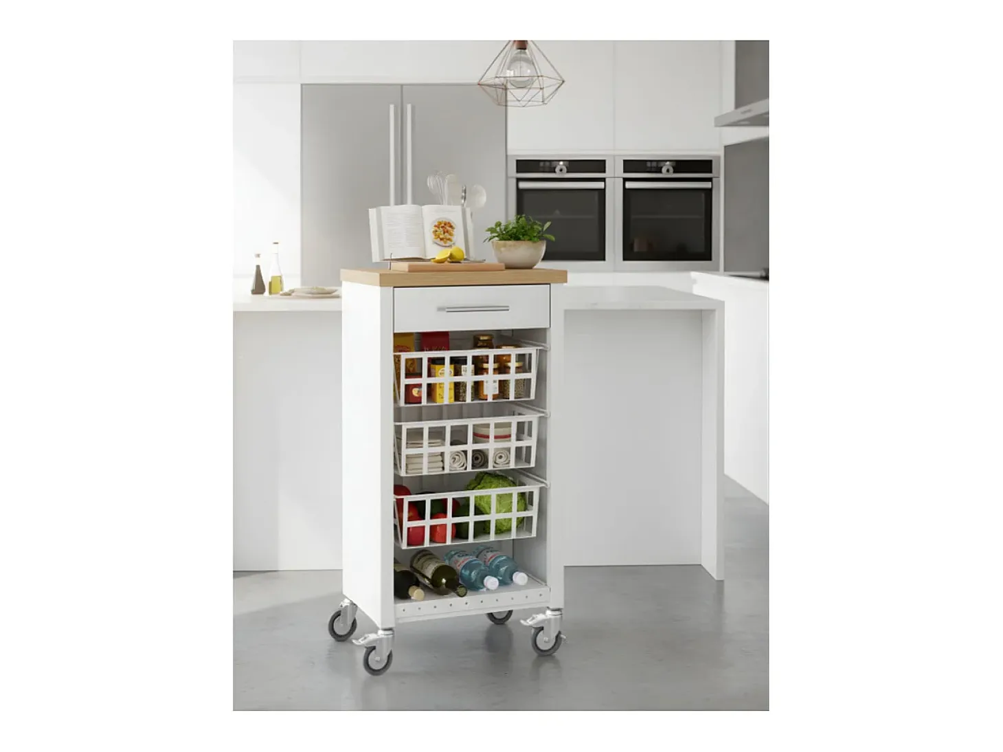Carrito de cocina, carrito verdulero - color Blanco, Inox, Olmo - 93*48*34 cm - KARA