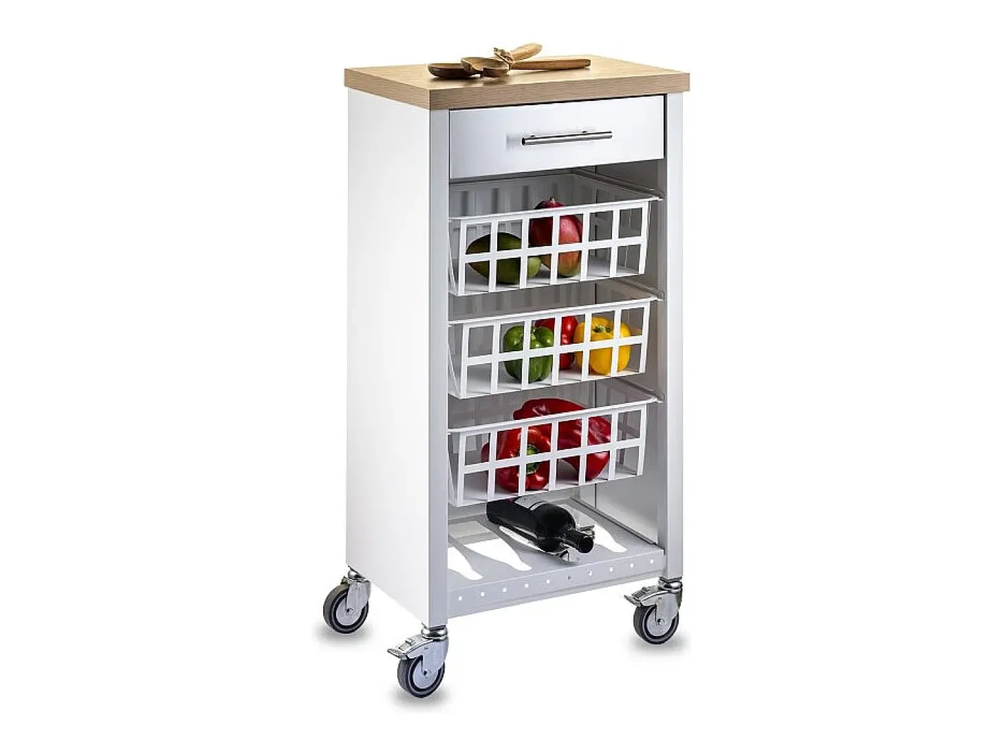 Carrito de cocina, carrito verdulero - color Blanco, Inox, Olmo - 93*48*34 cm - KARA