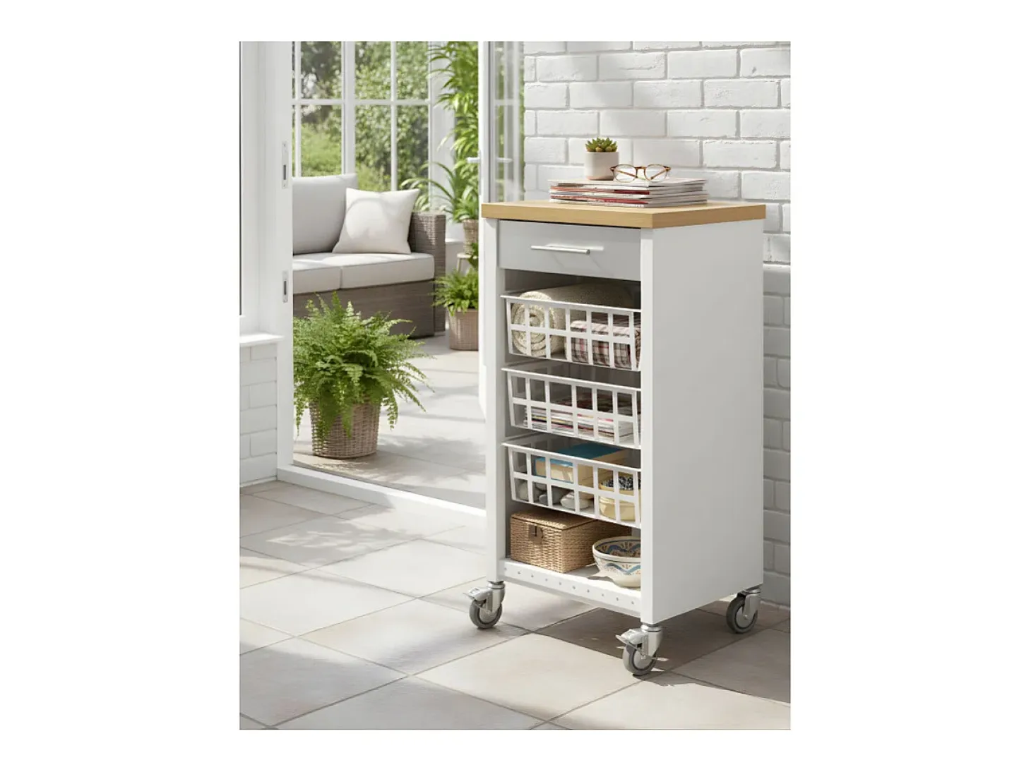 Carrito de cocina, carrito verdulero - color Blanco, Inox, Olmo - 93*48*34 cm - KARA