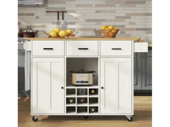 Carrito de cocina, carrito móvil con encimera, toallero y especiero, divisores regulables, blanco (104x39,5x91,5 cm)