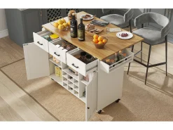 Carrito de cocina, carrito móvil con encimera, toallero y especiero, divisores regulables, blanco (104x39,5x91,5 cm)