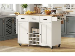Carrito de cocina, carrito móvil con encimera, toallero y especiero, divisores regulables, blanco (104x39,5x91,5 cm)