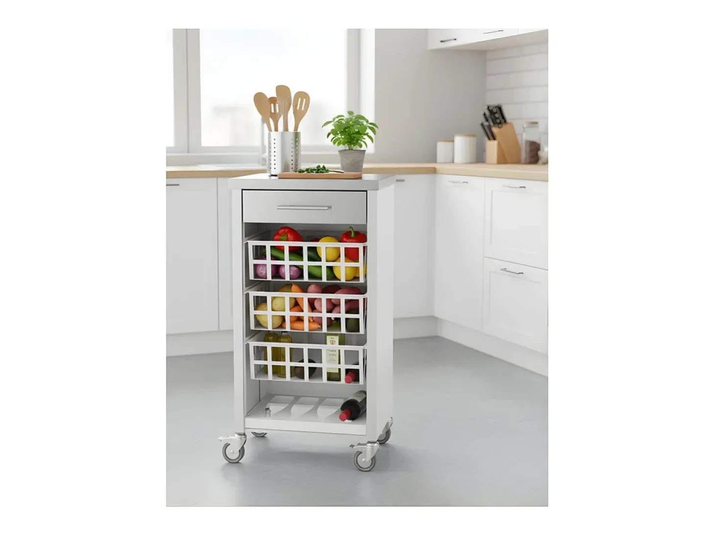Carrito de cocina, carrito verdulero – Blanco, Inox - 93*48*34cm - MOHER