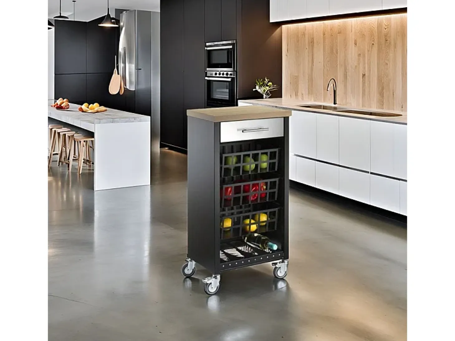 Carrito de cocina, carrito verdulero - color Negro, Inox, Olmo - 93*48*34 cm - KARA
