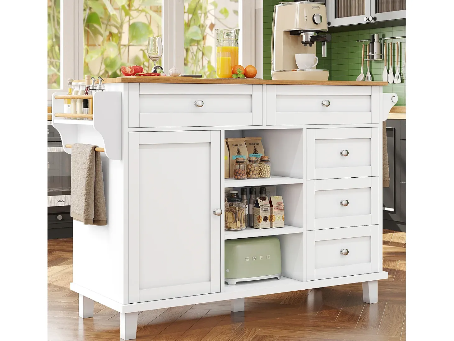 Carrito de cocina con 3 estantes de almacenaje, diseño moderno, MDF, blanco, 134x46x92 cm
