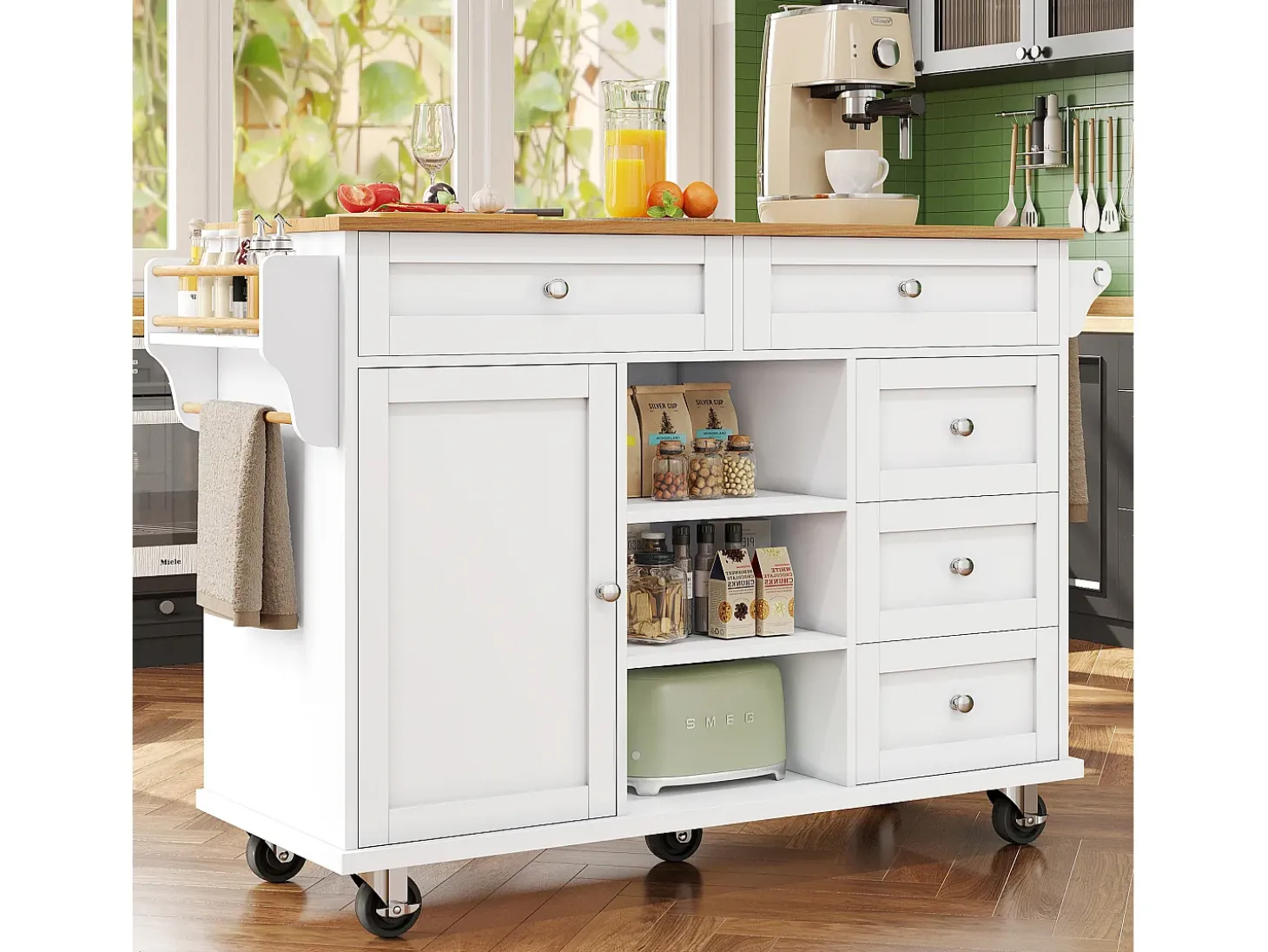 Carrito de cocina con 3 estantes de almacenaje, diseño moderno, MDF, blanco, 134x46x92 cm