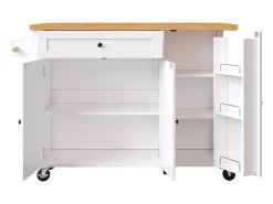 Carrito de cocina con 3 puertas, 1 cajón, toallero y especiero, diseño de mesa plegable, colores blanco y natural
