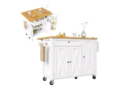 Carrito de cocina con 3 puertas, 1 cajón, toallero y especiero, diseño de mesa plegable, colores blanco y natural